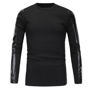 Elastic Top Mens Long Sleeve Leather Patchwork T-Shirt Gyms-clothing Fitness Men Hip Hop Stretch T Shirts Tee Homme Plus Size