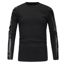 Elastic Top Mens Long Sleeve Leather Patchwork T-Shirt Gyms-clothing Fitness Men Hip Hop Stretch T Shirts Tee Homme Plus Size