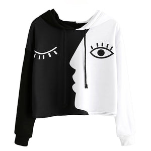 Women Ladies Sweatshirt Hooded Long Sleeve Crop Patchwork Blouse Pullover Tops