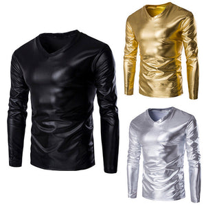 Mens Metallic Shiny Wet Look Long Sleeve T-shirt Top Slim Fit V Neck Blouse