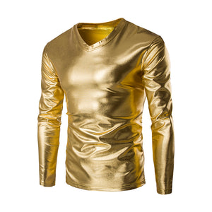 Mens Metallic Shiny Wet Look Long Sleeve T-shirt Top Slim Fit V Neck Blouse