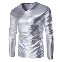 Mens Metallic Shiny Wet Look Long Sleeve T-shirt Top Slim Fit V Neck Blouse