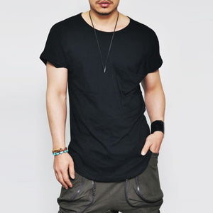 2018 New Summer Men Edge Loose Big Pockets Folded Sleeved t shirt Longline Extended Curved Hem Urban t-shirt Hip Hop Streetwear