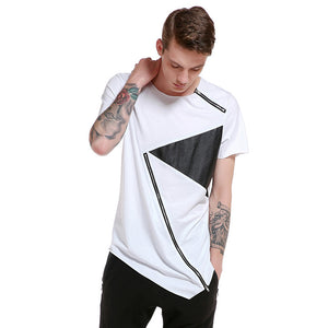 2018 Summer Mens Cotton T-shirt Leather Patchwork Short Sleeve Round Neck Irregular Zipper Hem Casual T Shirt Tee Top Streetwear