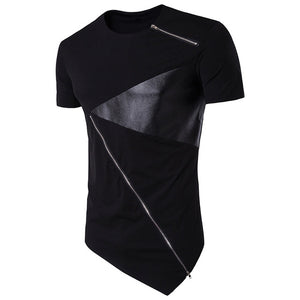 2018 Summer Mens Cotton T-shirt Leather Patchwork Short Sleeve Round Neck Irregular Zipper Hem Casual T Shirt Tee Top Streetwear