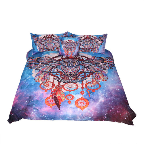 BeddingOutlet Owl Dreamcatcher with Feathers Bedding Set Watercolor Bohemia Galaxy Duvet Cover with Pillowcases Boho Bedclothes