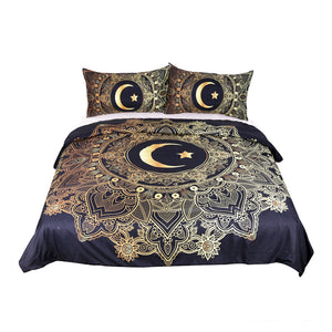 BeddingOutlet 3 Pcs Golden Mandala Flowers Duvet Cover Black Dark Blue Bedding Set Star Moon Quilt Cover Single Bed Cover