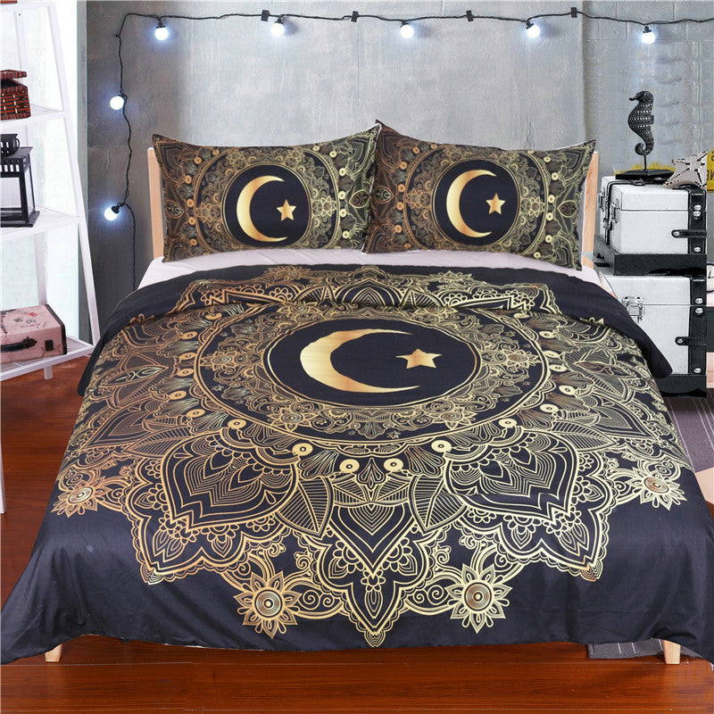 BeddingOutlet 3 Pcs Golden Mandala Flowers Duvet Cover Black Dark Blue Bedding Set Star Moon Quilt Cover Single Bed Cover