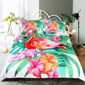 BeddingOutlet Flamingo Bedding Set Tropical Plant Quilt Cover  Home Bed Set Flower Print Pink and Green Bedclothes 3pcs