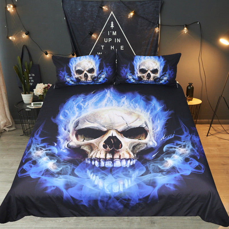 BeddingOutlet Flame Skull Bedding Set King 3D Printed Duvet Cover Blue Fire Bedclothes 3pcs Home Textiles For Boys