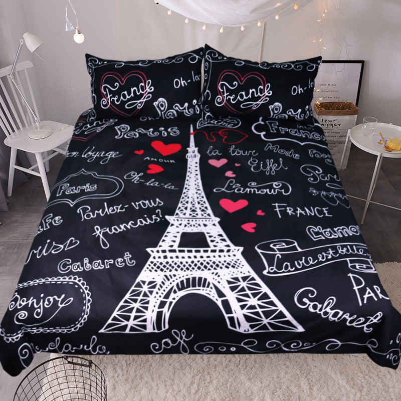 BeddingOutlet Paris Tower Bedding Set Black and White Bed Set Romantic Letters Heart Print Quilt Cover Home Textiles