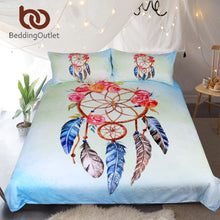 BeddingOutlet Dreamcatcher Bedding Set Queen Floral Rose Quilt Cover With Pillowcases Feathers Print Bedclothes Blue Bed Set