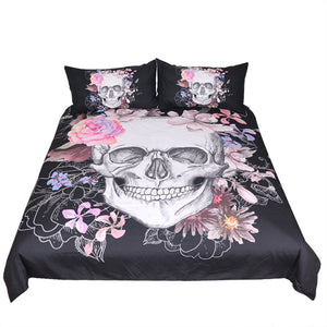 BeddingOutlet Sugar Skull and Floral Duvet Cover Set 3pcs Soft Bedclothes Flowers Printed Bedding Set Pink And Black Bed Cover