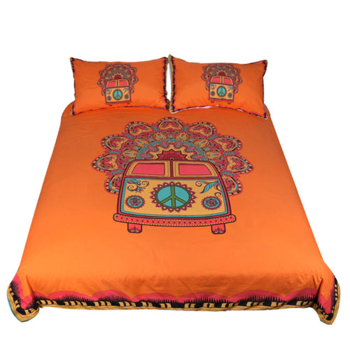 BeddingOutlet Hippie Vintage Car Bedding Set Orange Mandala Quilt Cover Peace Design Bed Set Bohemian a Mini Van Bedclothes 3pcs