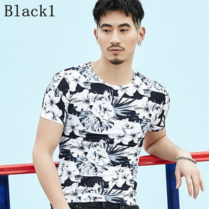 2018 Men T Shirt Print Floral Summer Casual Tee Tops Slim Male Short Sleeve Shirt Slim Plus Large Size Fashion