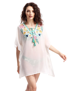 Avoir Aime Women's Boho Oversized Embroidered Chiffon T-Shirt Cover Up